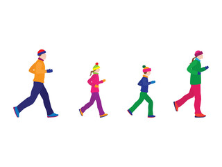 Running family. In winter clothes.