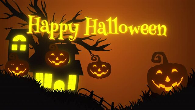 Animated Halloween Illustration With Jumping Pumpkin, Big House, And Bats Flying Around. Suitable For Title, Intro Video For Halloween Event