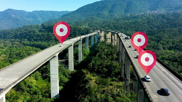 Imigrantes road at Sao Paulo cityscape. Traffic with localization icon in the highway road. GPS position at Imigrantes road. Digital transformation. Smart city graphic. Innovation at city.