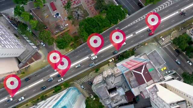 Sao Paulo cityscape traffic with localization icon in the avenue. GPS position at famous avenue. Digital transformation. Smart city graphic. Innovation at city.