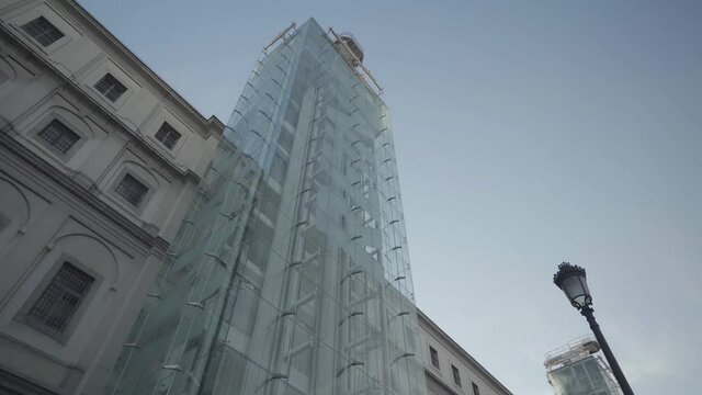 Grand Exterior Of The Museo Nacional Centro de Arte Reina Sof&iacute;a Facade - Tilt up moving Shot