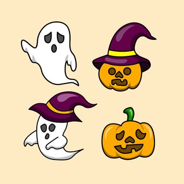 cute cartoon pumpkin and ghost for halloween stickers.