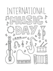 International Music Day. Hand drawn card, poster, banner, background.