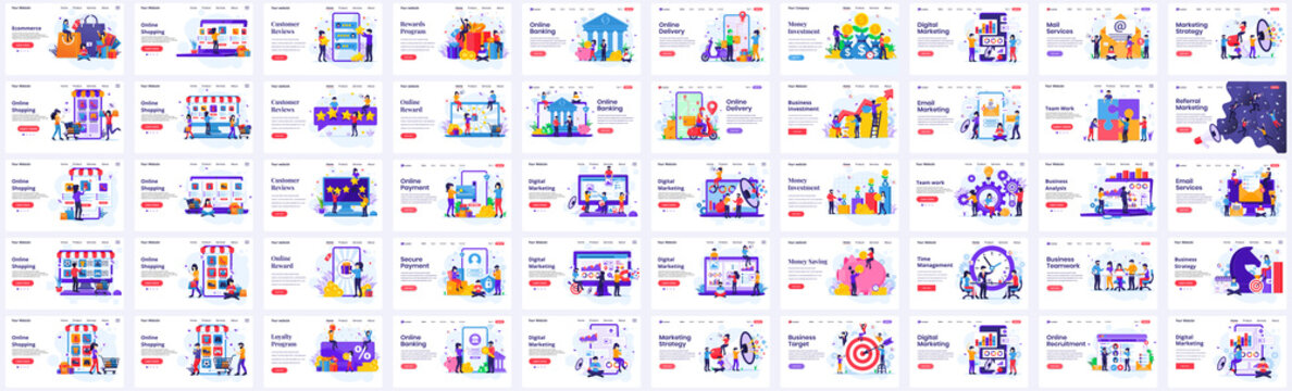 Mega Collection of Business concept flat vector illustration. Set of Landing page design concept of Business eCommerce, Marketing, Online Shopping, Delivery, Investment templates vector illustration