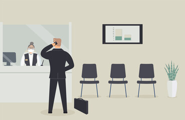 Bank office is open during epidemic of virus.Employee in protective medical mask behind counter serve customer.Client stand in hall near cash register window and talk to clerk.Raster flat illustration