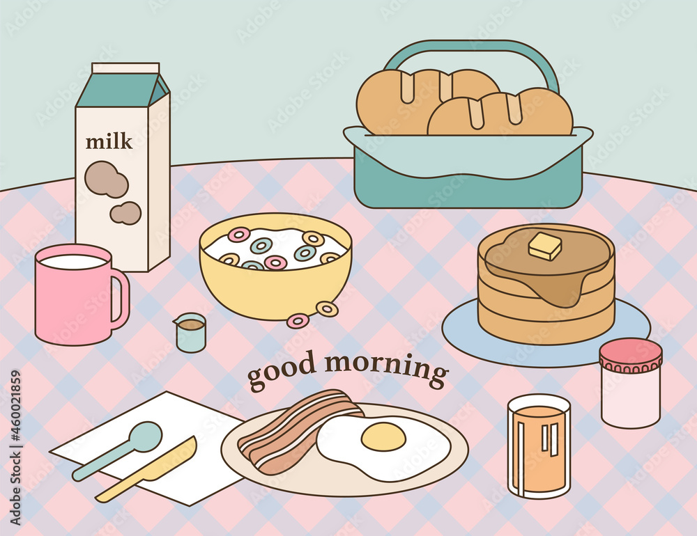 Poster breakfast table. food is placed on a table lined with a checkered mat. outline simple vector illustr
