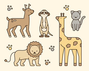 Cute animal character. Deer, meerkat, giraffe, lion, cat. outline simple vector illustration.