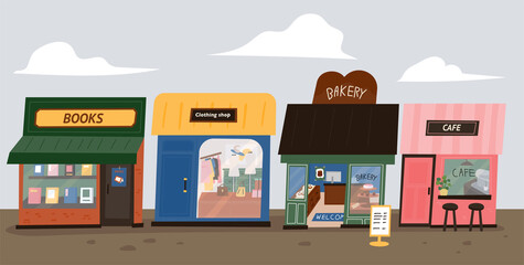 street shops. Bookstore, clothing store, bakery, cafe. flat design style vector illustration.