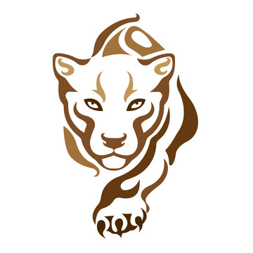 Silhouette of a tiger that hunts in brown colors in the Celtic style. Design suitable for decor, paintings, wildlife animal logo, modern tattoo, print on t-shirt or clothing. Isolated vector