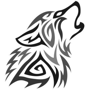 The silhouette, outline of the gray face of a wolf on a white background is drawn by zigzag lines of various widths. Logo animal wolf head. Vector illustration