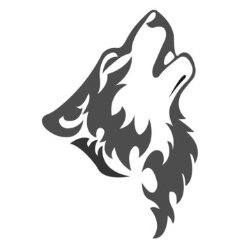 Silhouette of a howling wolf's muzzle,painted in gray,is drawn with curved lines.Design for tattoo, decor, paintings,wolf howling muzzle logo,fitness club, postcards, print on clothes. Editable vector