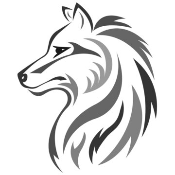 Silhouette, contour of the wolf's muzzle in gray is drawn using various lines. Design is suitable for decor,paintings,wolf head animal logo,modern tattoo, t-shirt or clothing printing. Isolated vector