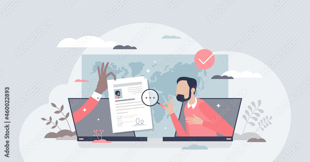 Poster hiring remotely and send job application or cv online tiny person concept. distant freelance work re