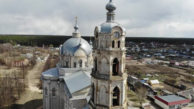 pseudo-gothic temple of the life-giving trinity in the village of Gus Zhelezny, Kasimovsky district, Ryazan region, Russia. filmed from drone