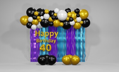 40rd birthday background 3d image render with black and white gold color balloon decoration