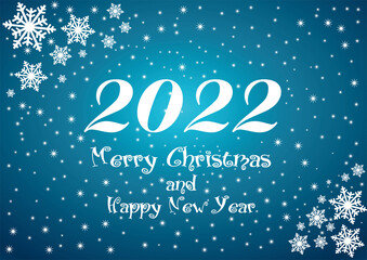 Fototapeta na wymiar 2022 Happy New Year blue background with white stars and snowflakes and text for your Greetings Card or Christmas.