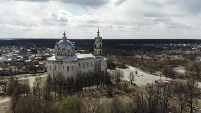 pseudo-gothic temple of the life-giving trinity in the village of Gus Zhelezny, Kasimovsky district, Ryazan region, Russia. filmed from drone