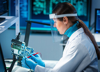 Workplace of young woman in modern microelectronics manufacturing lab. Engineer works in a modern...