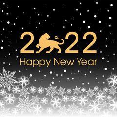 2022 Happy New Year card template. Design patern snowflakes white, tiger. Black and golden colors.