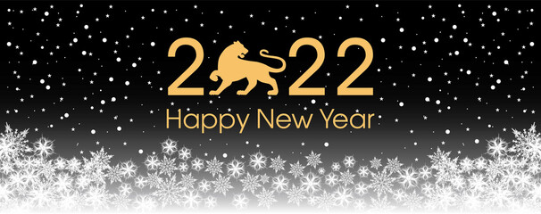 2022 Happy New Year card template. Design patern snowflakes white, tiger. Black and golden colors.