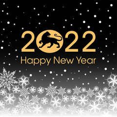 2022 Happy New Year card template. Design patern snowflakes white, tiger. Black and golden colors.