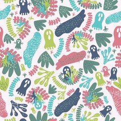 Halloween ghost in jungle theme seamless pattern