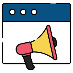 Megaphone on webpage, icon of online promotion