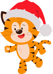 A little tiger cub runs in a red hat. Cute cartoon tigers with the Chinese couplet of 2022, isolated on a white background. A design element of the Chinese New Year.