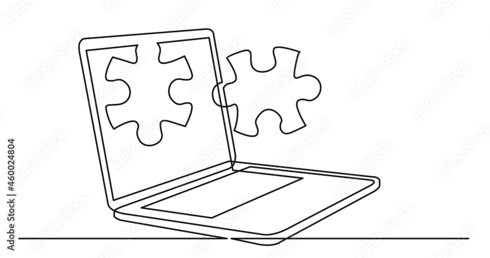 Poster one line drawing of laptop computer with puzzle pieces as business concept of solution