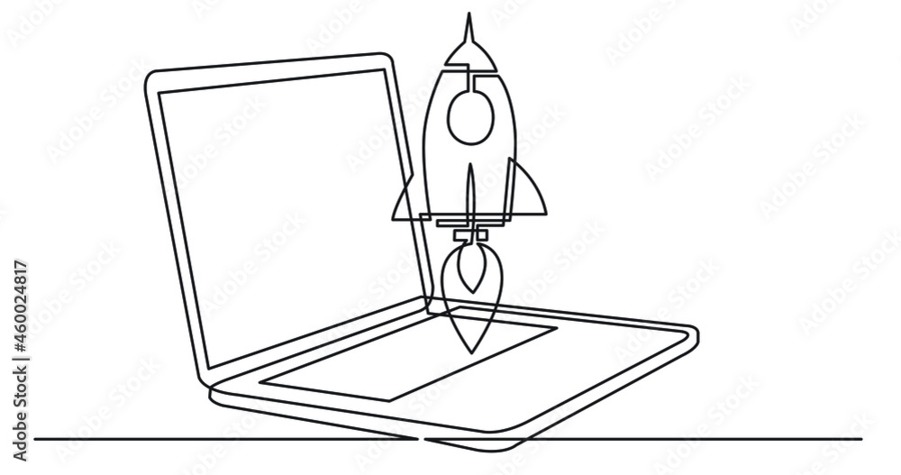 Poster one line drawing of laptop computer with rocket launch as business concept of startup