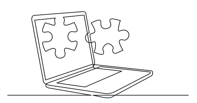 One Line Drawing Of Laptop Computer With Puzzle Pieces As Business Concept Of Solution