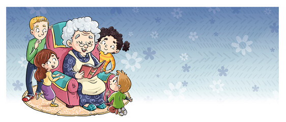 Illustration of grandmother reading a book surrounded by children