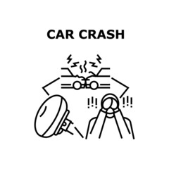 Car Crash Accident Vector Icon Concept. Car Crash Accident, Damaged Vehicle And Air Bag Protective System , Scared Driver Crying. Destroyed Car And Upset Disappointed Man Black Illustration