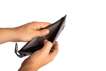 Hand holds an empty wallet on a white background
