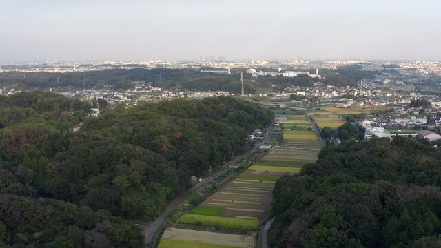 Aerial drone shot of suburban area of jike furusato village of machida city japan