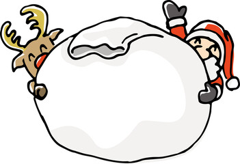  大きなプレゼントをもっているサンタクロースとトナカイのイメージイラスト（手描き）