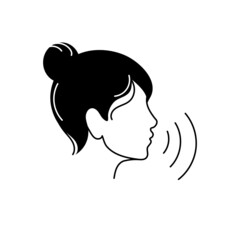 Woman profile icon with voice waves. Concept symbol of podcast or audiobook with girl head. Simple black white sign. Female audio translator or assistant for application. Vector isolated illustration