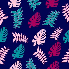 Tropical abstract leaves pattern on dark blue background