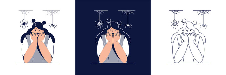 Fear of Spiders vector illustration set. Frightened woman character suffers from Spider Phobia, Covers Face With Hands. Arachnophobia, Irrational fears concept collection for web banner flat design - obrazy, fototapety, plakaty