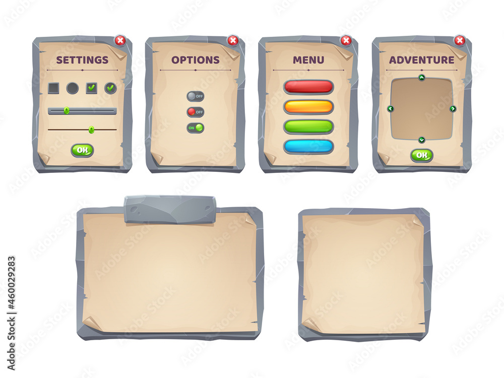 Poster game ui scrolls, stone boards and antique parchments cartoon menu interface, rocky textured planks, 