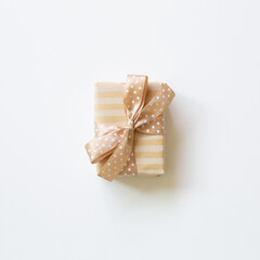Brown stripe pattern gift box isolated on white background. top view, copy space
