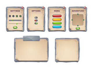 Game ui scrolls, stone boards and antique parchments cartoon menu interface, rocky textured planks, gui graphic design elements. User panel with settings, options or adventure isolated 2d vector set