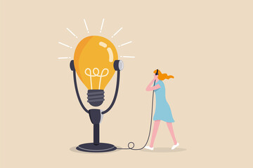 Motivation podcast, listen to inspiration idea for self improvement and career development, success story concept, inspired woman using headphone to listen to big lightbulb idea podcast microphone. - obrazy, fototapety, plakaty