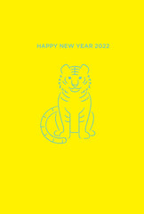 Happy new Year 2020年賀状　縦　寅　ミントグリーンの線画　背景黄色