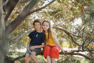 Naklejka na ściany i meble Brother and sister sitting together on tree branch