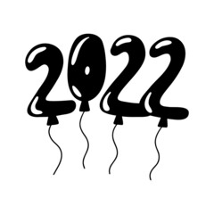 2022 new year lettering. Hand drawn number in balloons form. Winter holidays decoration, black silhouette, postcard or poster, stamp or invitation card, vector handwritten isolated illustration