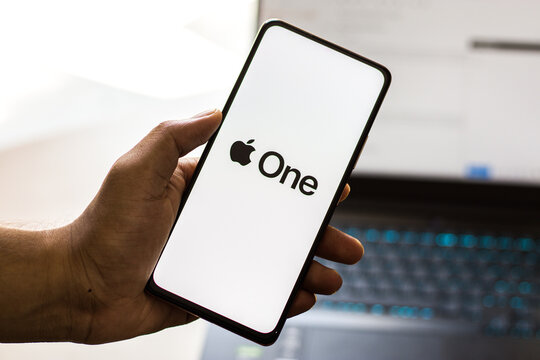 West Bangal, India - September 28, 2021 : Apple one logo on phone screen stock image.