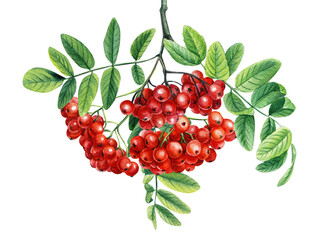 Rowan berries branch with green leaves Watercolor painting illustration isolated on white background.