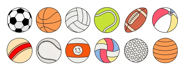 Fotobehang Sports ball sketch set. Color icon. Vector freehand illustration. Football, basketball, volleyball, baseball, rugby, billiards, tennis, golf, beach, fitness equipment © Ramziia