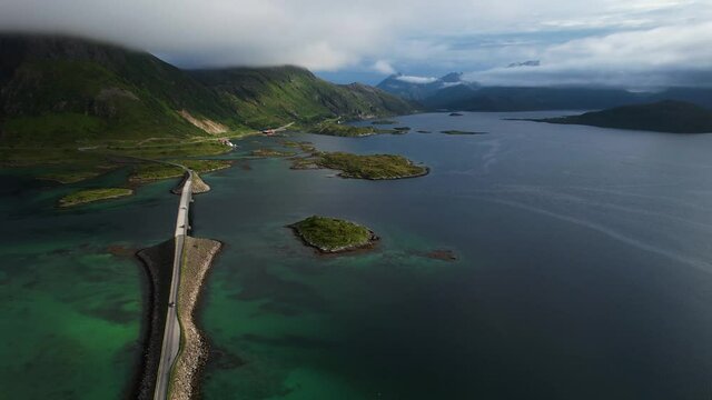 Atlantic Ocean Road, Drone flying over road, Norway, Lofoten, 4k